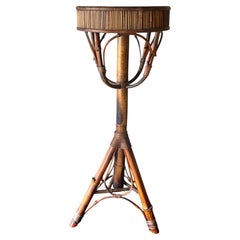 Vintage Coastal Handcrafted Bamboo & Cane Pedestal Plant Stand