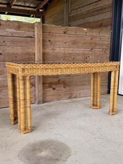 Vintage Coastal Handwoven Manila Rattan Console Table With Matching Ottomans-Set