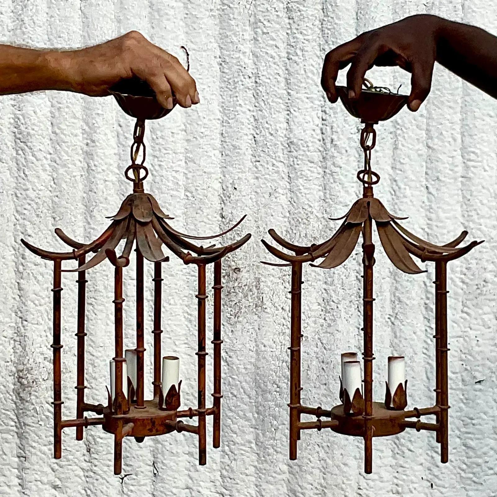 Vintage Coastal Hanging Pagoda Pendant Lights In Good Condition In West Palm Beach, FL