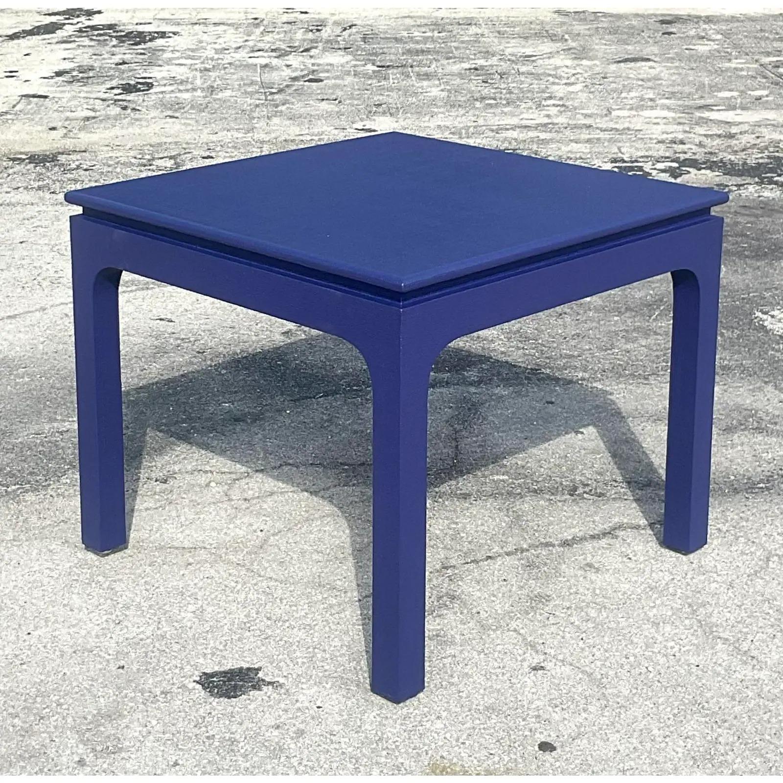 Incredible vintage Regency game table. Made by the iconic Harrison Van Horn. A beautiful Grasscloth finish in a deep blue/purple shade. Easily changed to any color you may need. You decide! Tagged on the bottom with makers mark. Acquired from a Palm