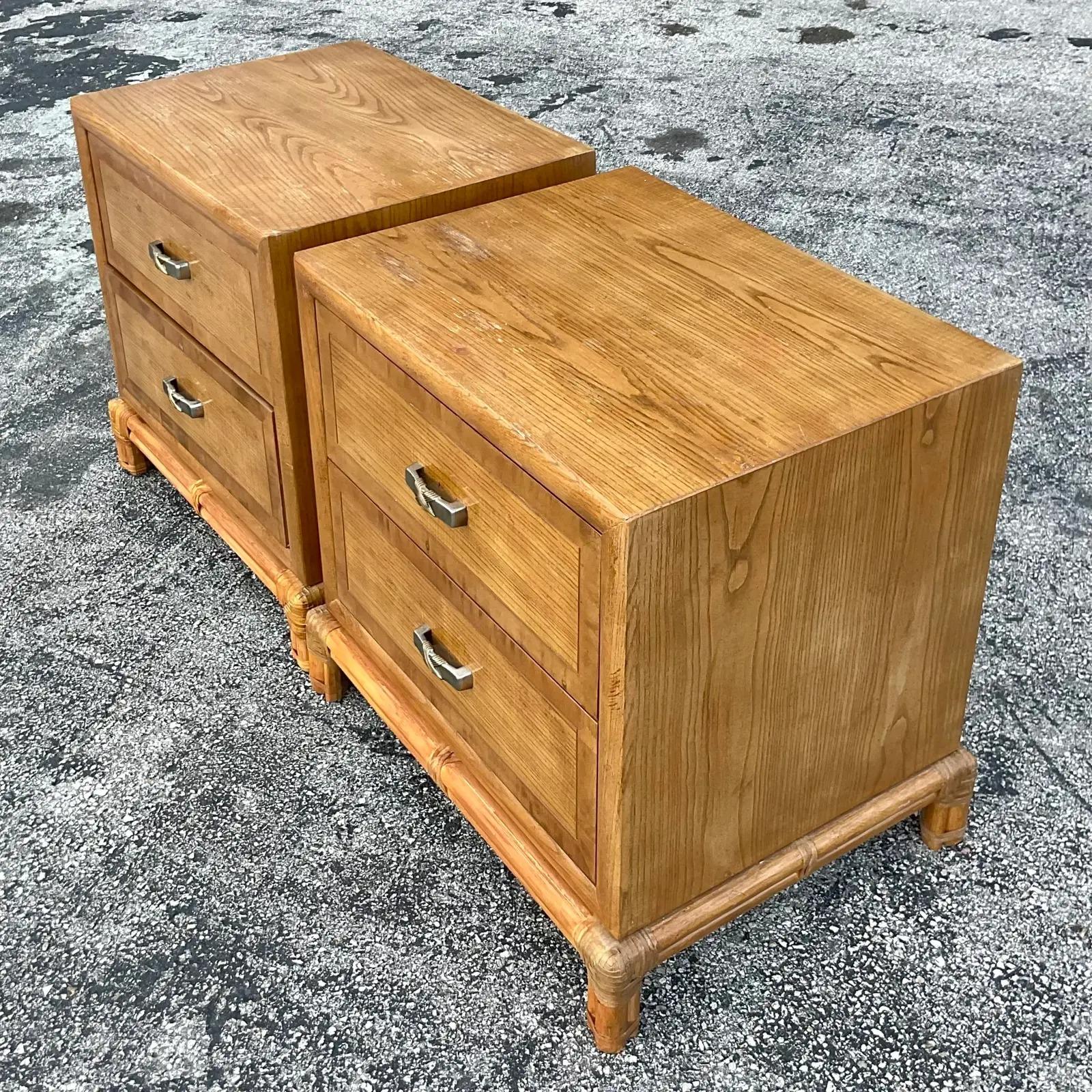 A fabulous pair of vintage Coastal nightstands. Made by the iconic Henredon group and part of their coveted Circa East collection. Matching pieces also available. Acquired from a palm Beach estate.