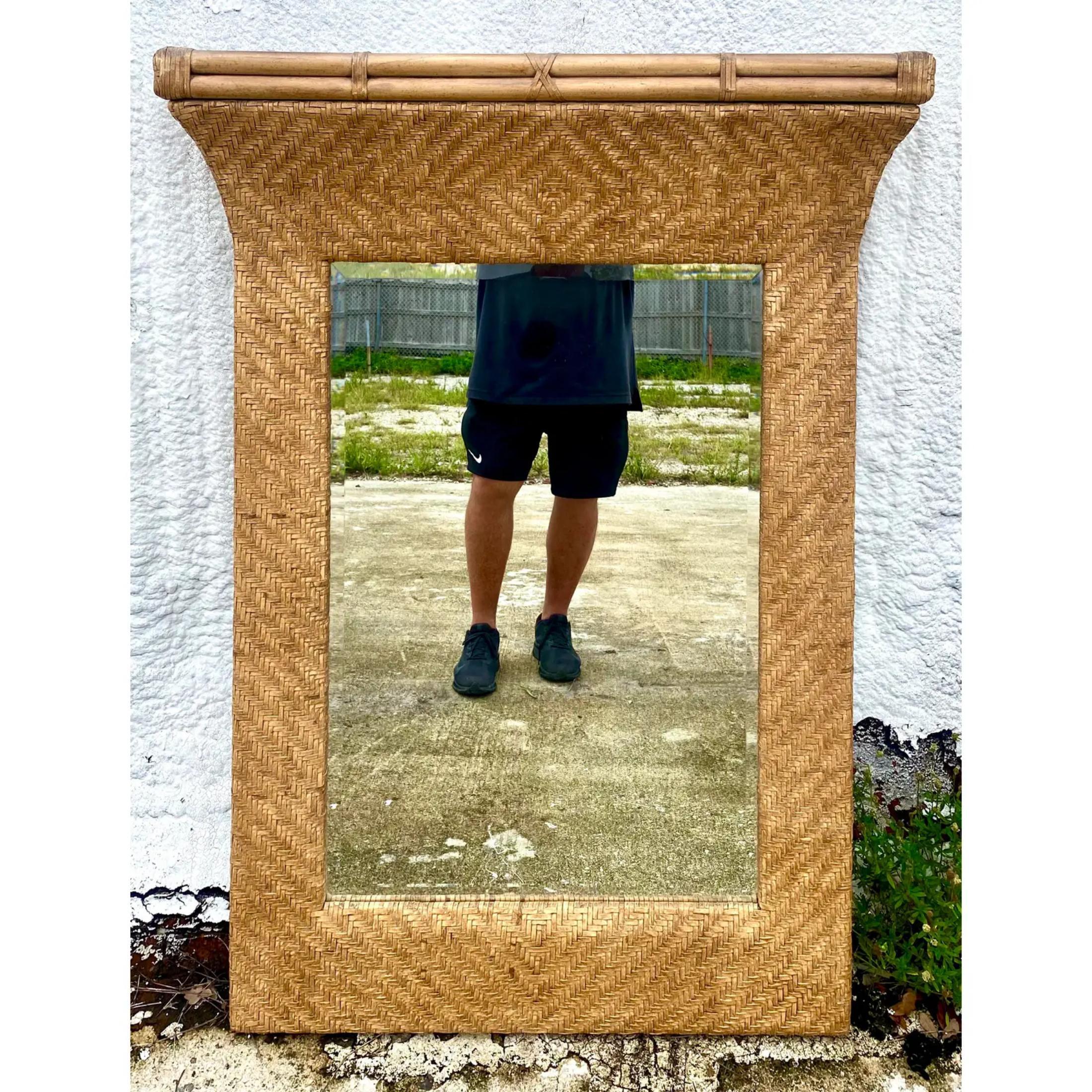 Vintage Coastal Henredon Woven Leather and Bamboo Mirror For Sale 3