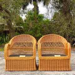 Vintage Coastal Henry Link Braided Rattan Lounge Chairs - a Pair