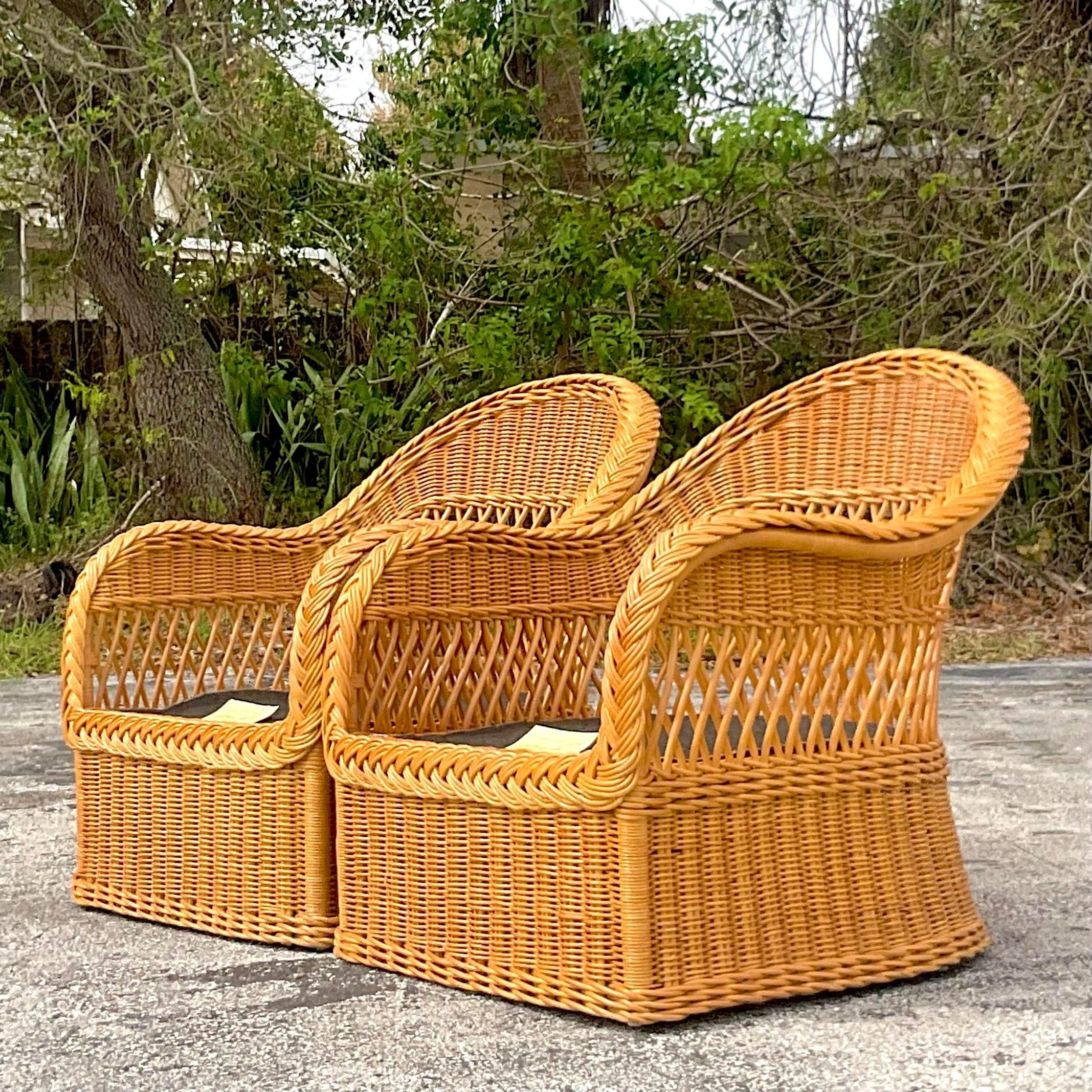 Philippine Vintage Coastal Henry Link Braided Rattan Lounge Chairs - a Pair For Sale