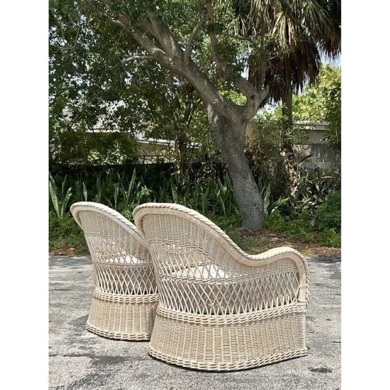 Mid-Century Modern Vintage Coastal Henry Link Braided Rattan Lounge Chairs - A Pair