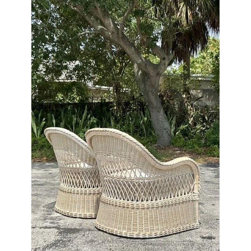 American Vintage Coastal Henry Link Braided Rattan Lounge Chairs - A Pair