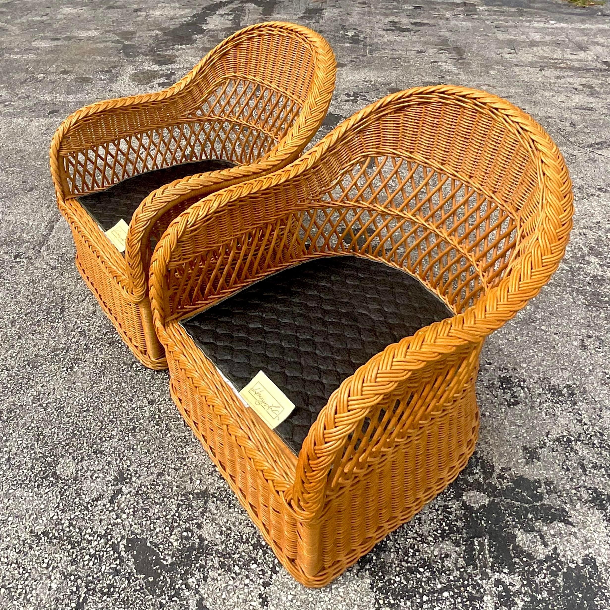 20th Century Vintage Coastal Henry Link Braided Rattan Lounge Chairs - a Pair For Sale