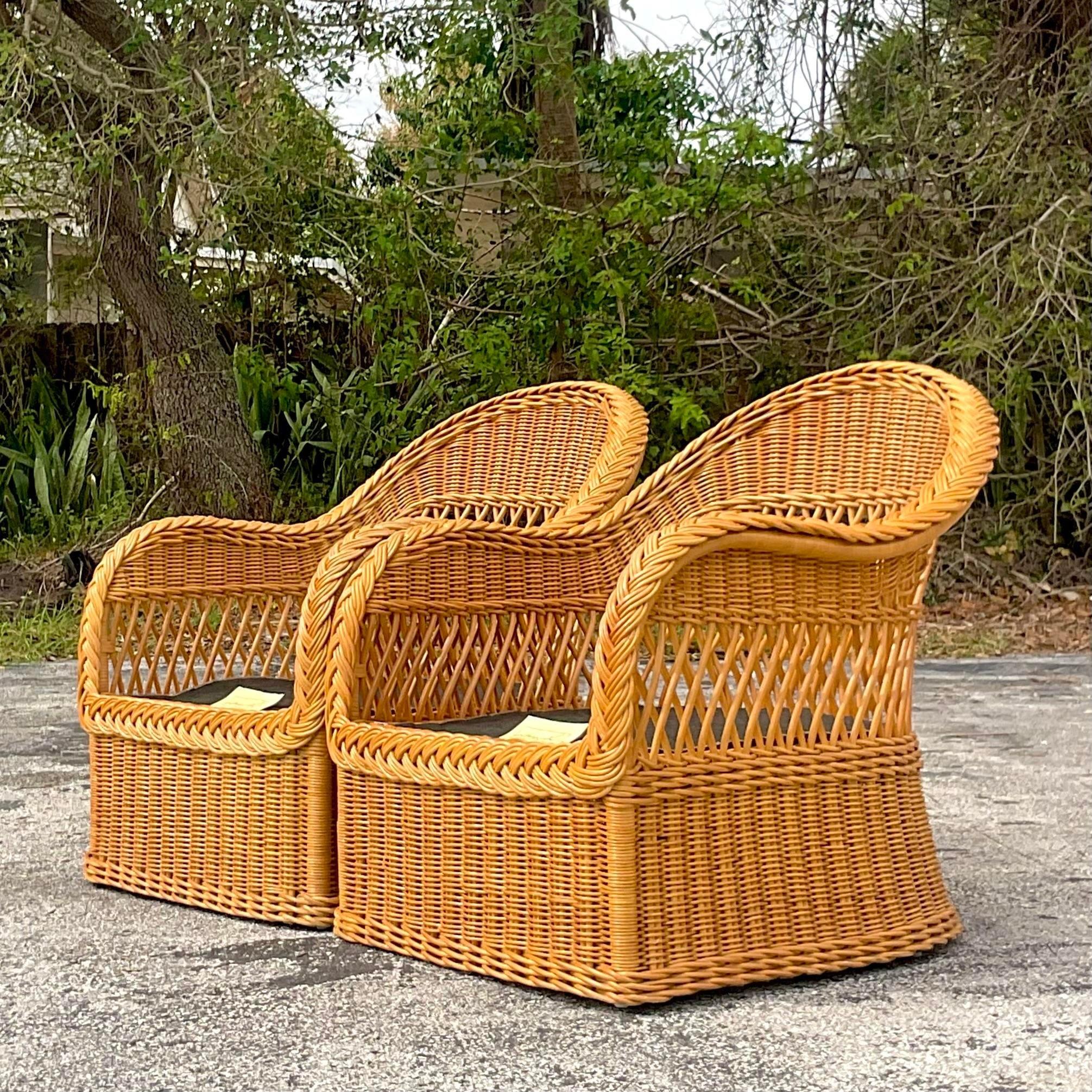 Vintage Coastal Henry Link Braided Rattan Lounge Chairs - a Pair In Good Condition In West Palm Beach, FL