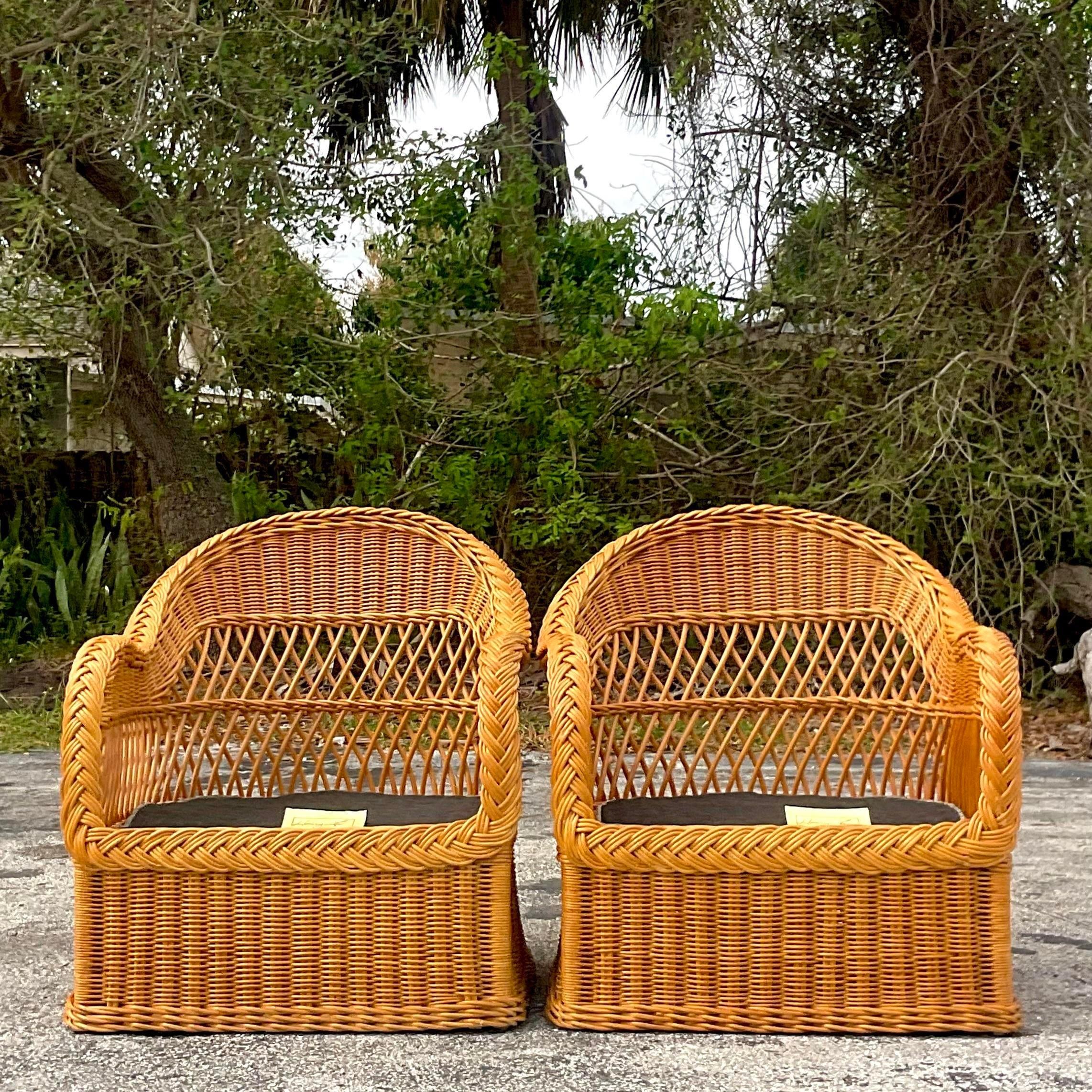 Vintage Coastal Henry Link Braided Rattan Lounge Chairs - a Pair For Sale 3