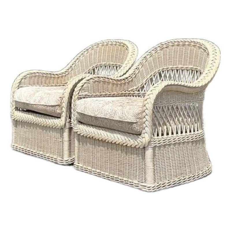 Vintage Coastal Henry Link Braided Rattan Lounge Chairs - A Pair 2
