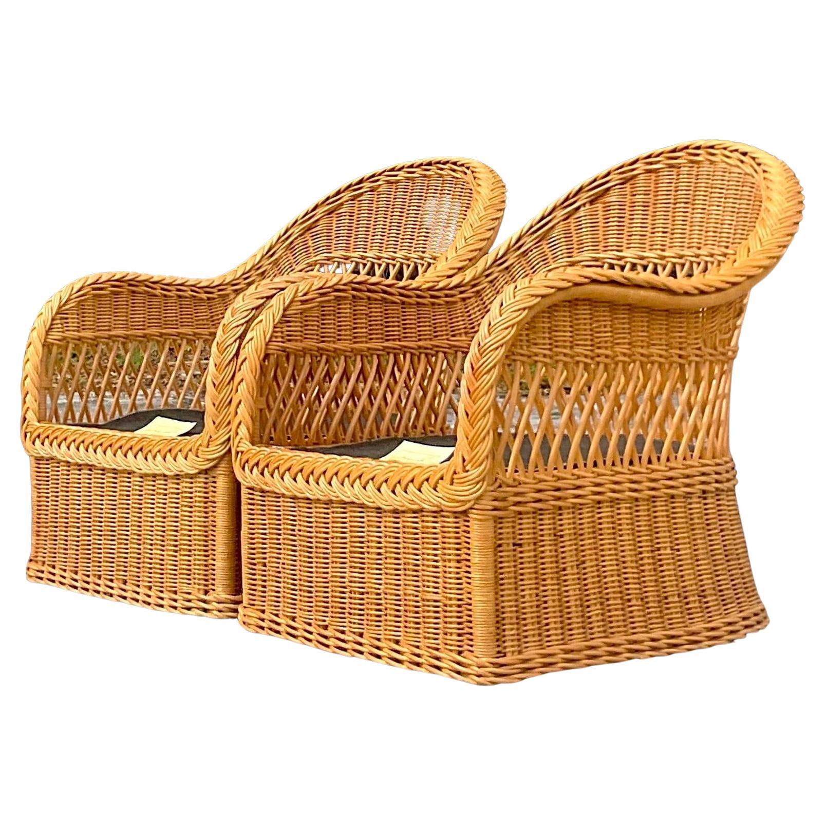 Vintage Coastal Henry Link Braided Rattan Lounge Chairs - a Pair For Sale