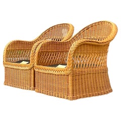 Vintage Coastal Henry Link Braided Rattan Lounge Chairs - a Pair