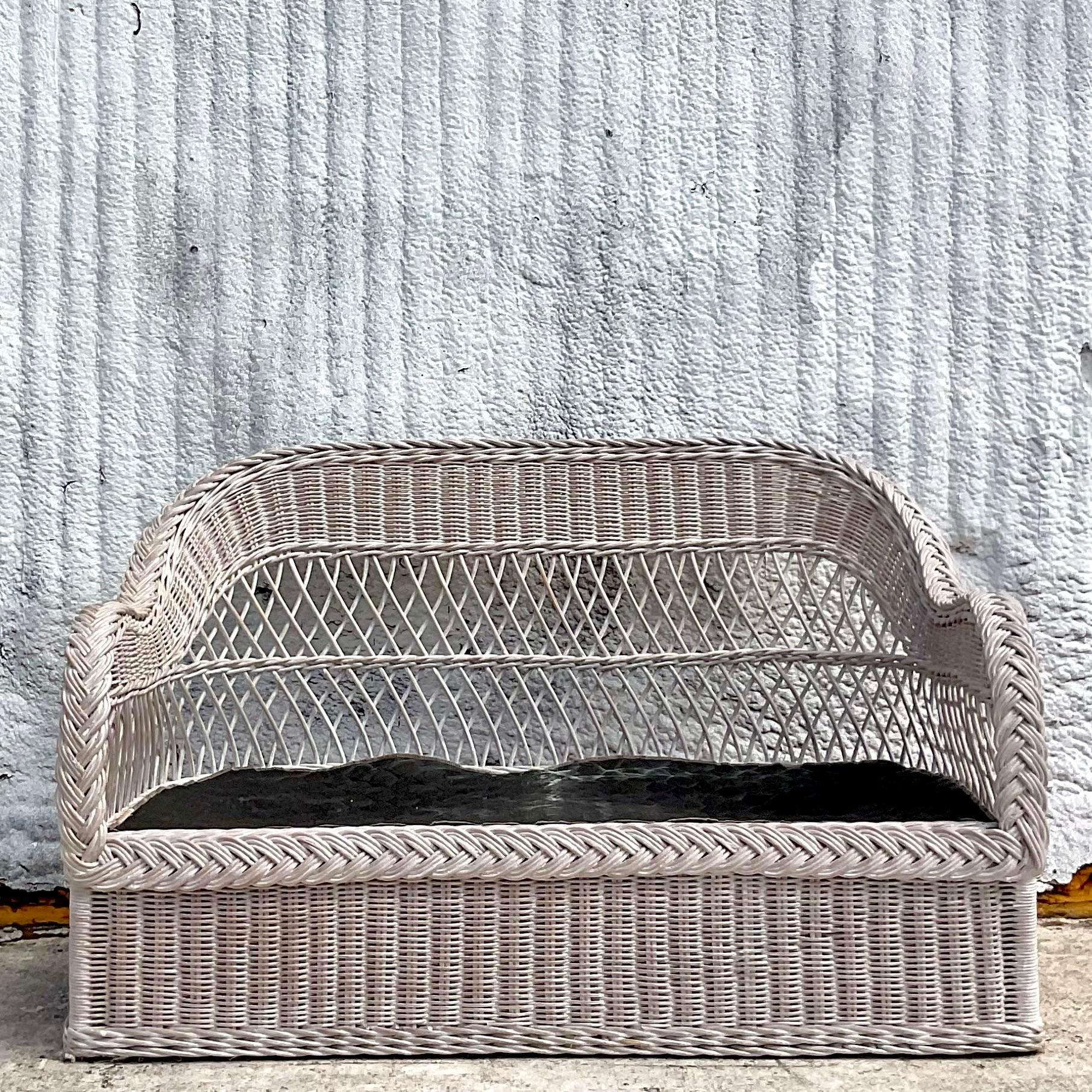 Vintage Coastal Henry Link Braided Rattan Love Seat In Good Condition For Sale In west palm beach, FL