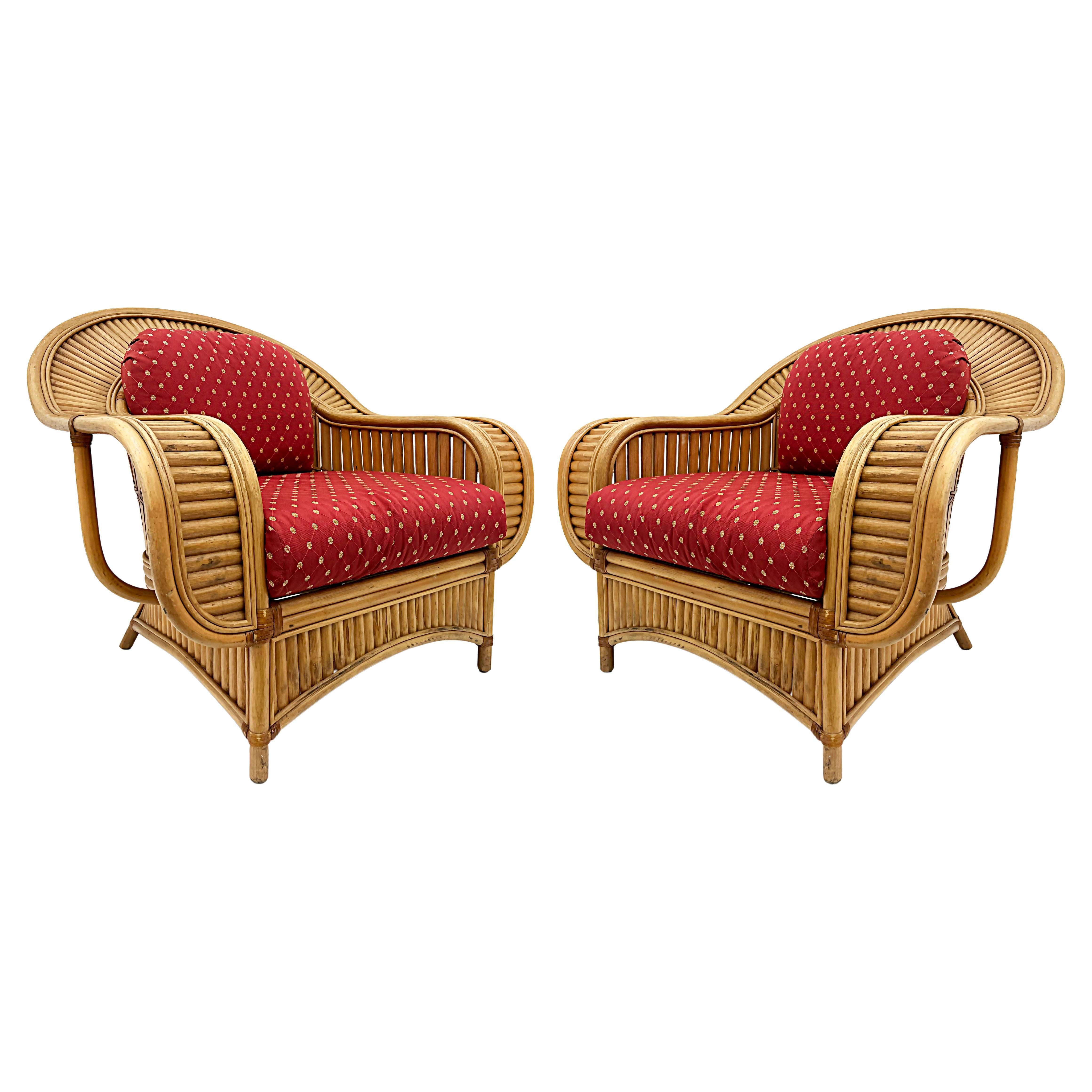 Vintage Coastal Henry Olko Style Rattan Club Chairs with Leather, Pair For Sale