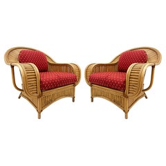Vintage Coastal Henry Olko Style Rattan Club Chairs with Leather, Pair