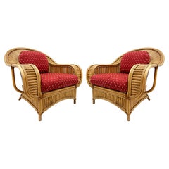 Vintage Coastal Henry Olko Style Rattan Club Chairs with Leather, Pair