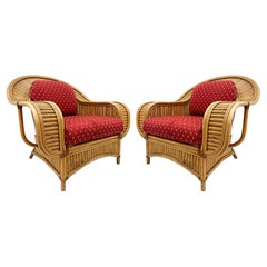 Retro Coastal Henry Olko Style Rattan Club Chairs with Leather, Pair