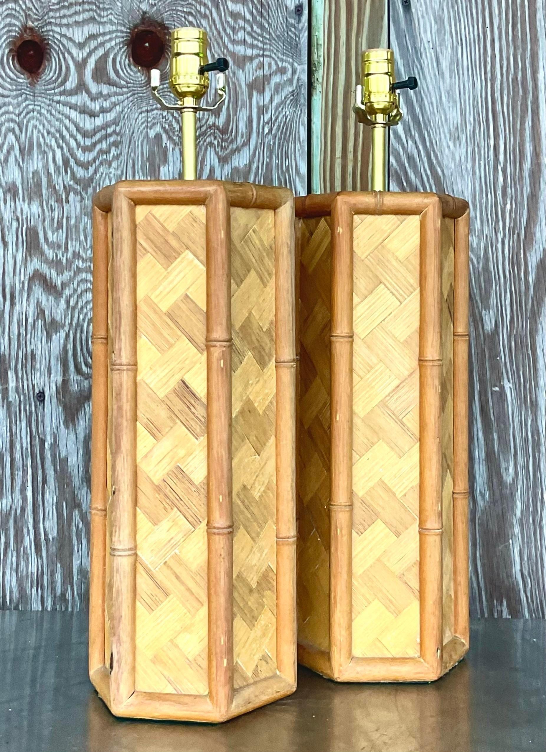 Vintage Coastal Hexagon Parquet Rattan Table Lamps - a Pair In Good Condition For Sale In west palm beach, FL