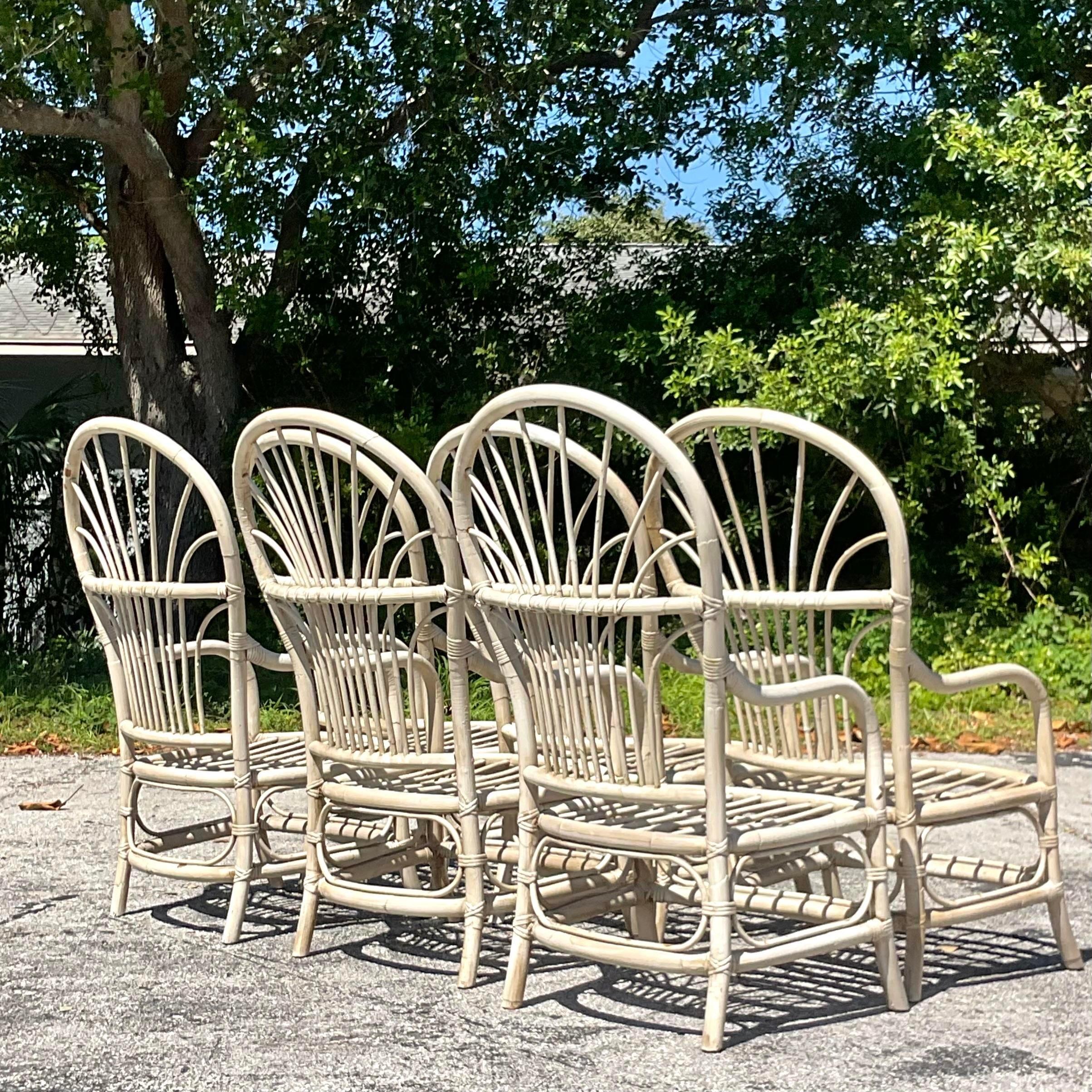 Philippine Vintage Coastal High Back Rattan Dining Chairs - Set of 6 For Sale