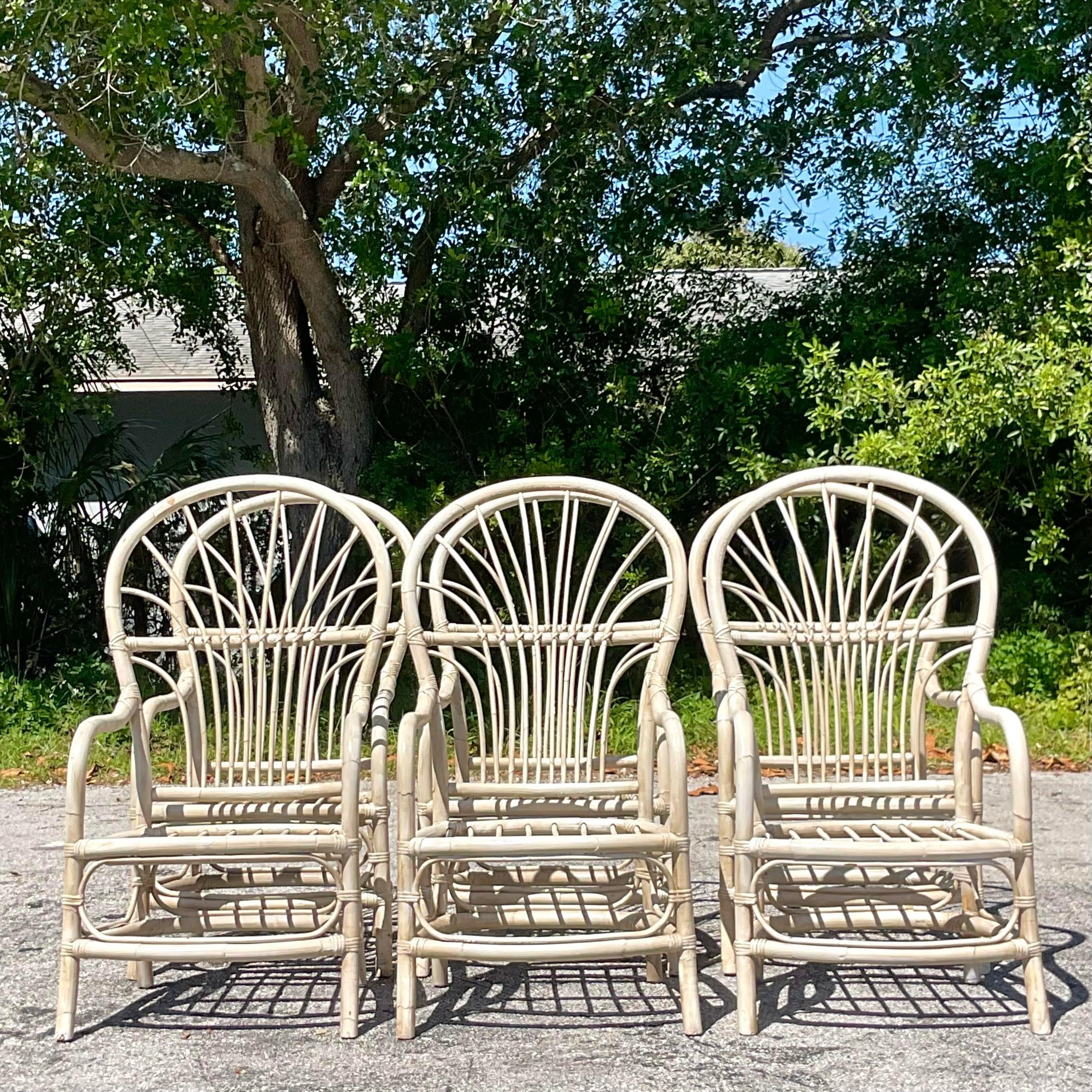 Vintage Coastal High Back Rattan Dining Chairs - Set of 6 In Good Condition For Sale In west palm beach, FL