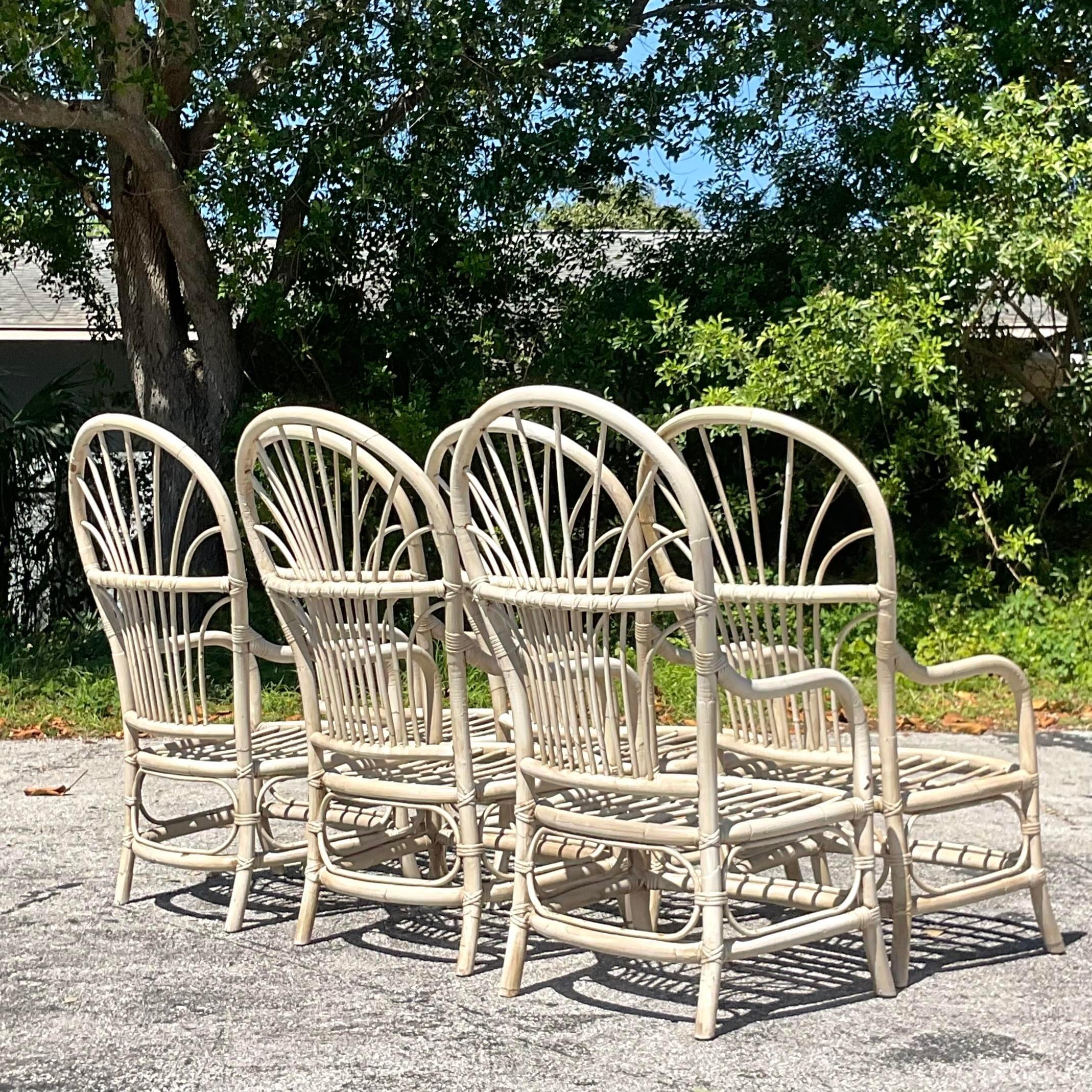 20th Century Vintage Coastal High Back Rattan Dining Chairs - Set of 6 For Sale