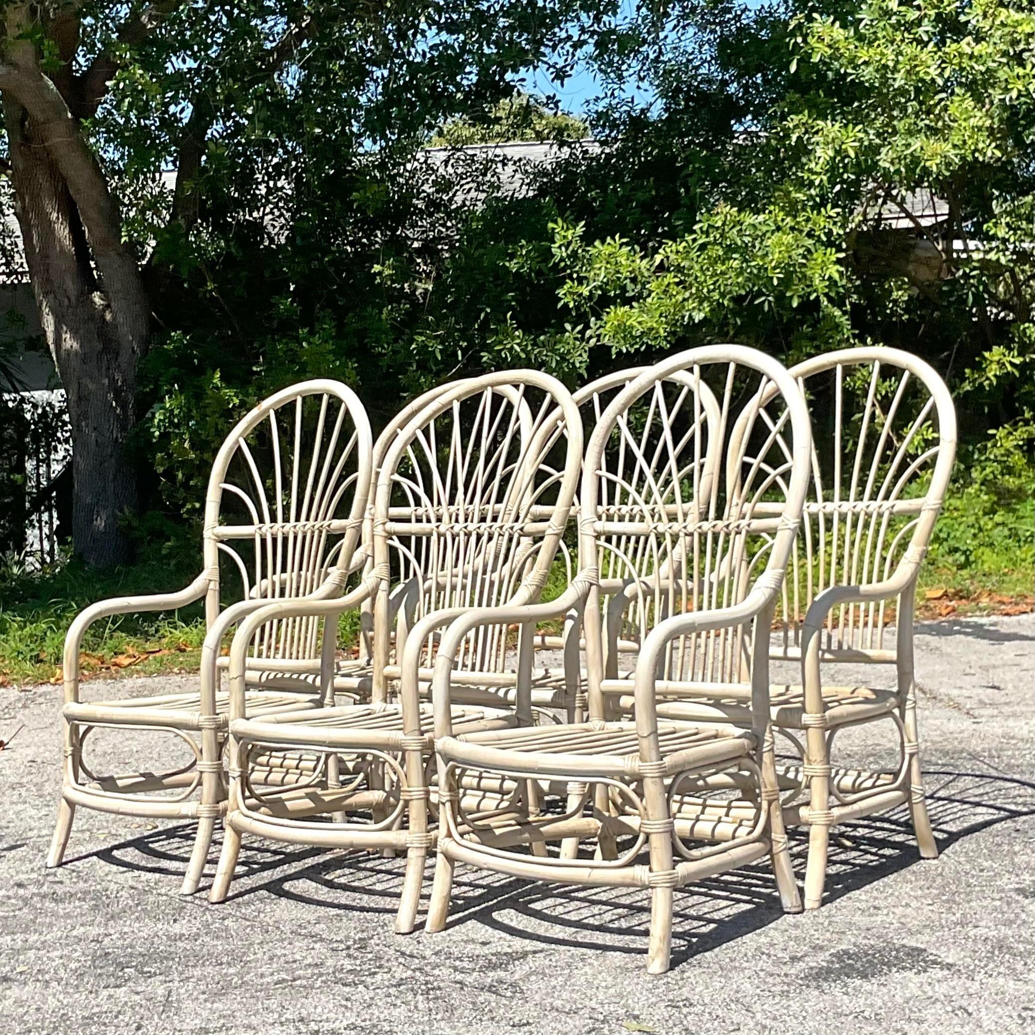 Vintage Coastal High Back Rattan Dining Chairs - Set of 6 For Sale 1