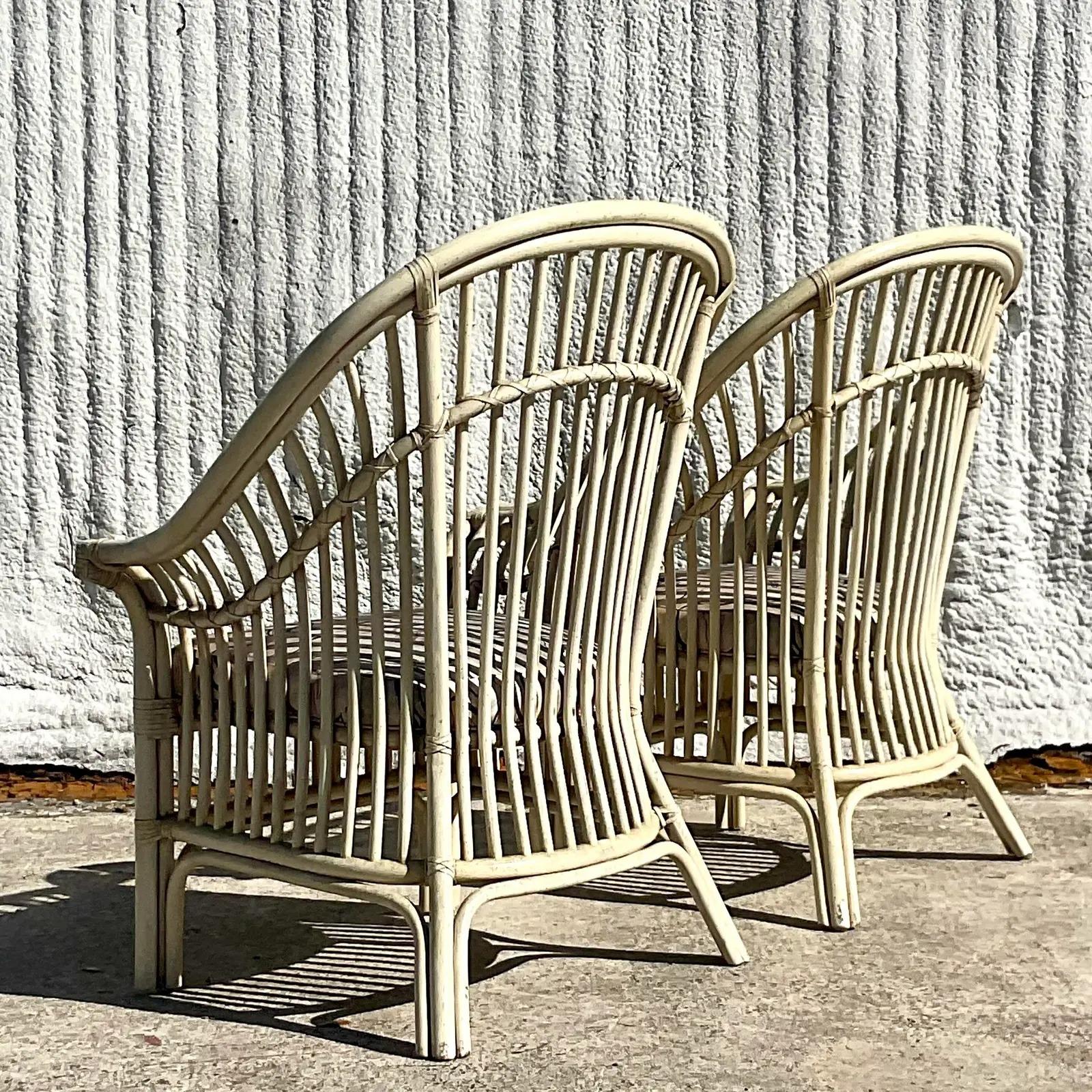 Vintage Coastal High Back Rattan Lounge Chairs, Pair 5