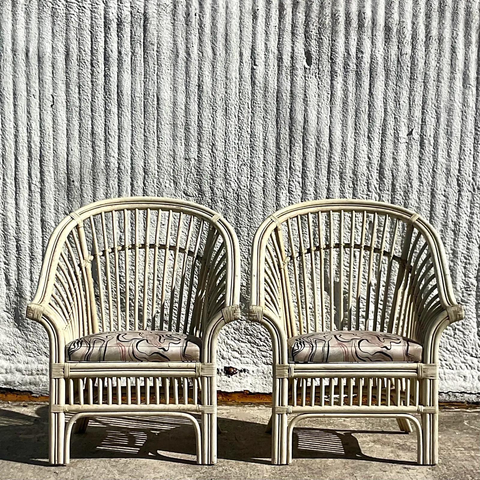 North American Vintage Coastal High Back Rattan Lounge Chairs, Pair