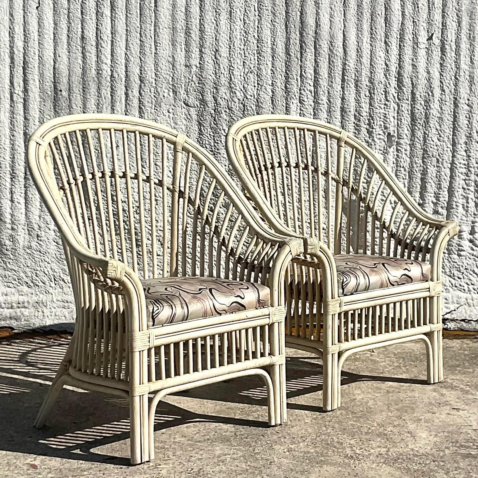 Vintage Coastal High Back Rattan Lounge Chairs, Pair In Good Condition In west palm beach, FL
