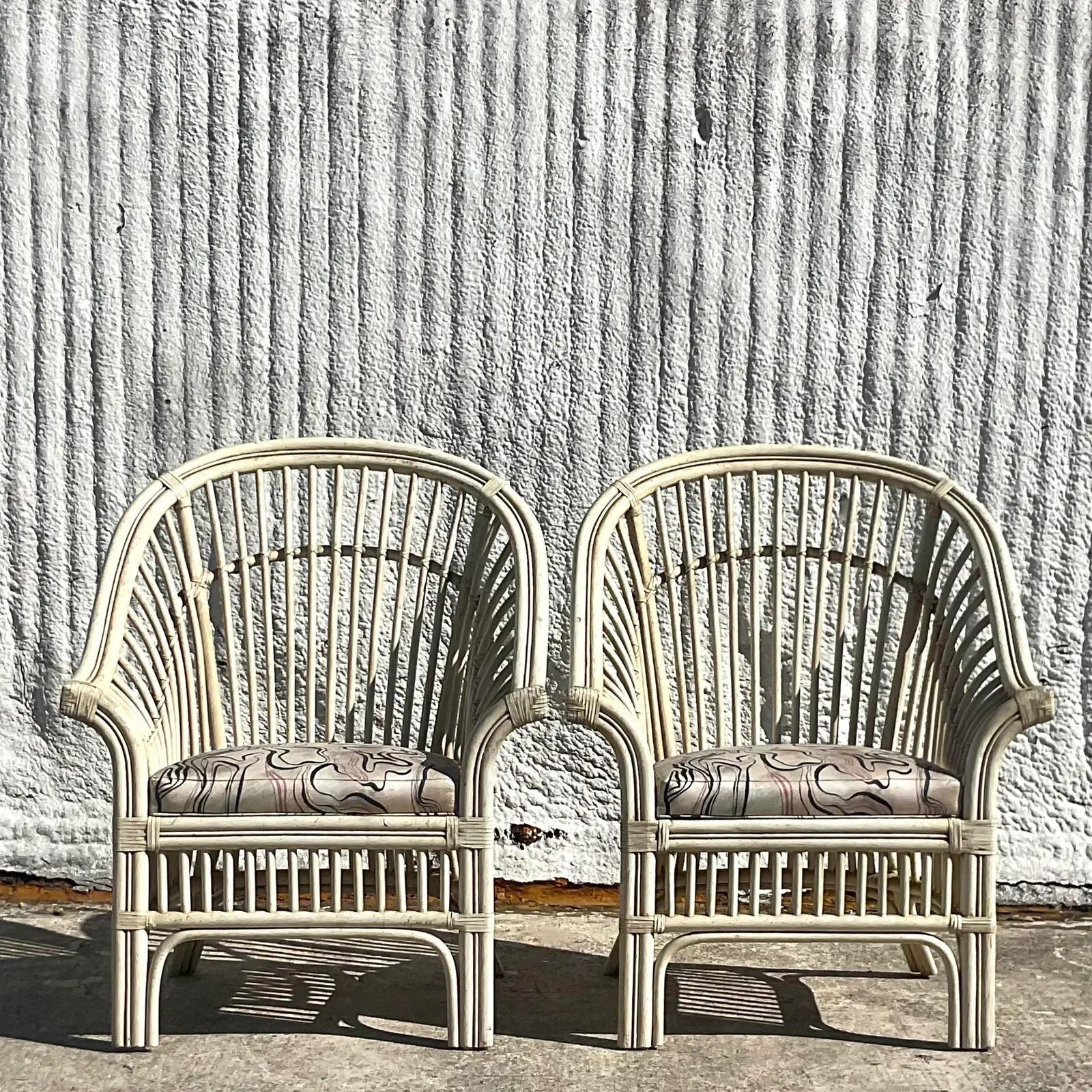 20th Century Vintage Coastal High Back Rattan Lounge Chairs, Pair