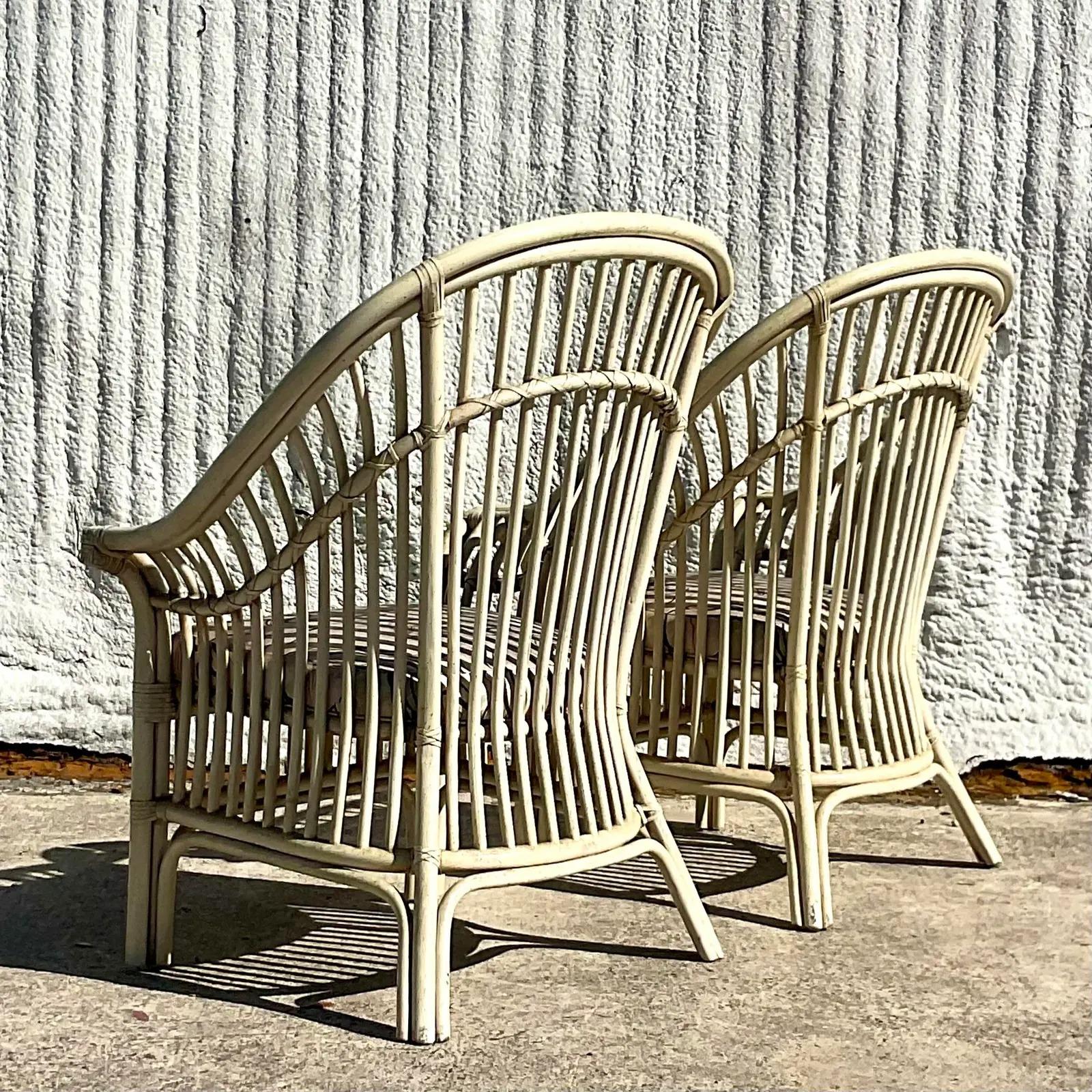 Vintage Coastal High Back Rattan Lounge Chairs, Pair 1