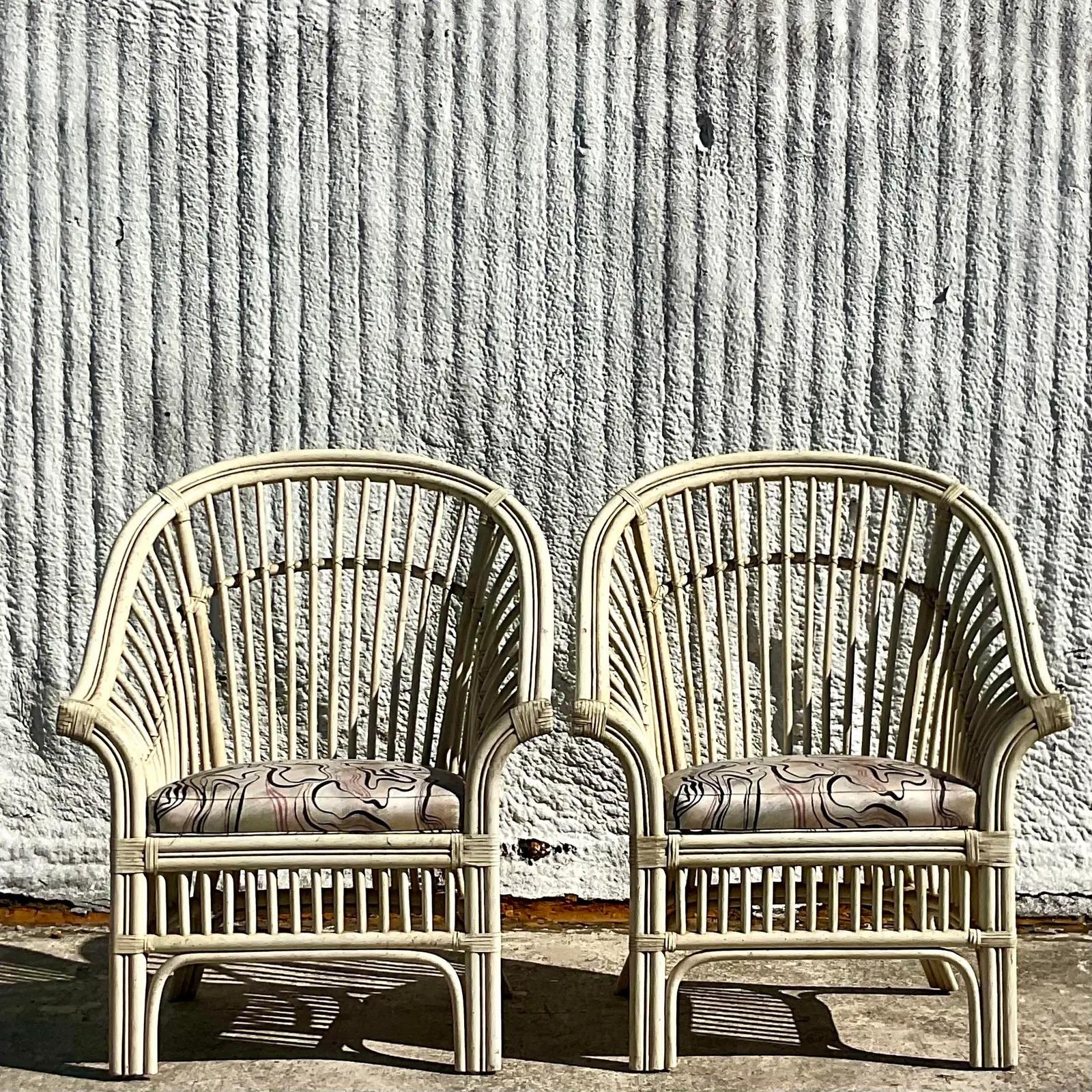 Vintage Coastal High Back Rattan Lounge Chairs, Pair 2