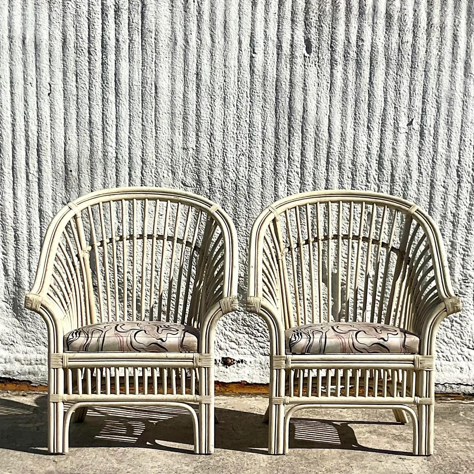 Vintage Coastal High Back Rattan Lounge Chairs, Pair 4