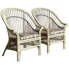 Vintage Coastal High Back Rattan Lounge Chairs, Pair