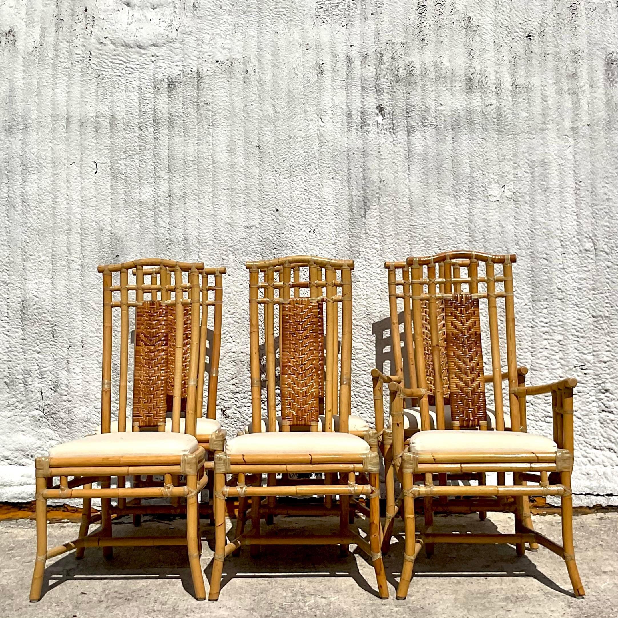 Mid-Century Modern Vintage Coastal High Back Woven Rattan Chairs - Set of 6 For Sale