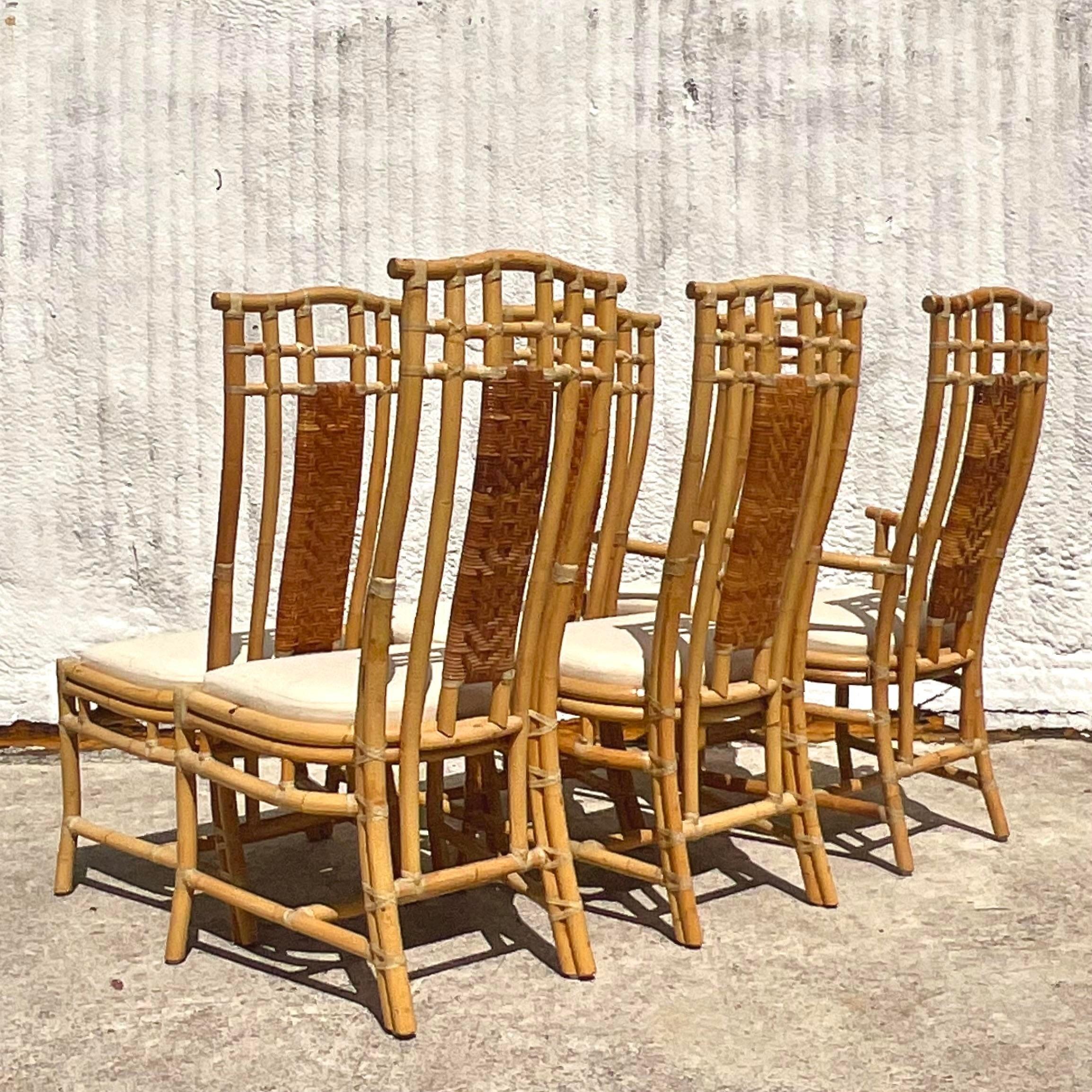 Philippine Vintage Coastal High Back Woven Rattan Chairs - Set of 6 For Sale