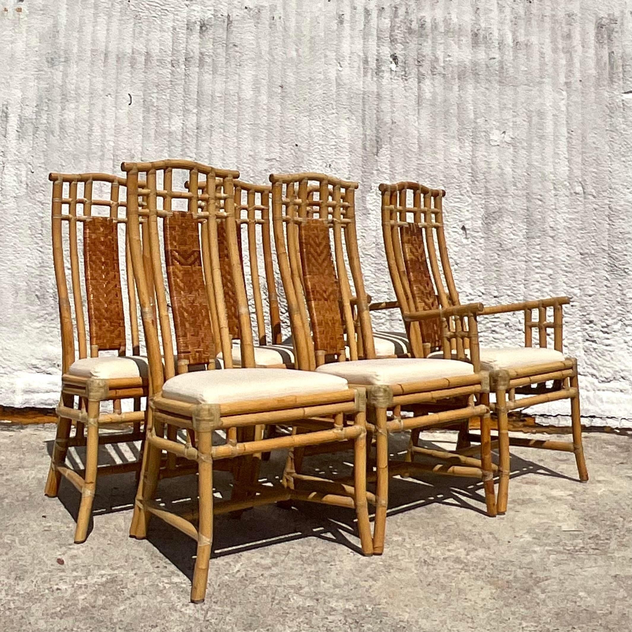 Vintage Coastal High Back Woven Rattan Chairs - Set of 6 In Good Condition For Sale In west palm beach, FL