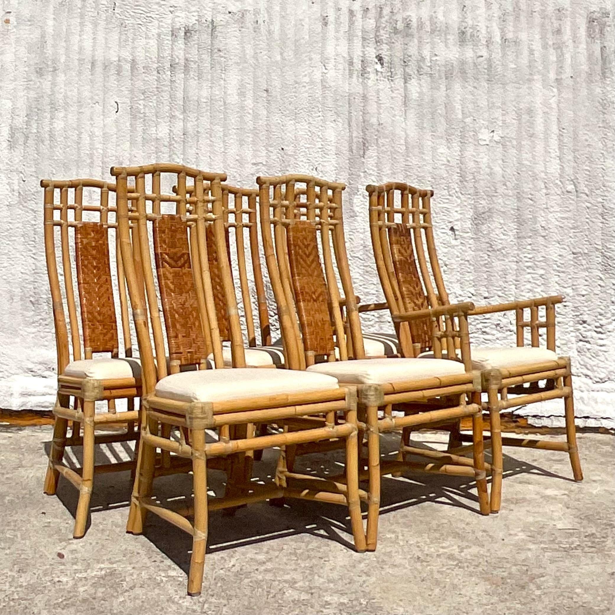 20th Century Vintage Coastal High Back Woven Rattan Chairs - Set of 6 For Sale