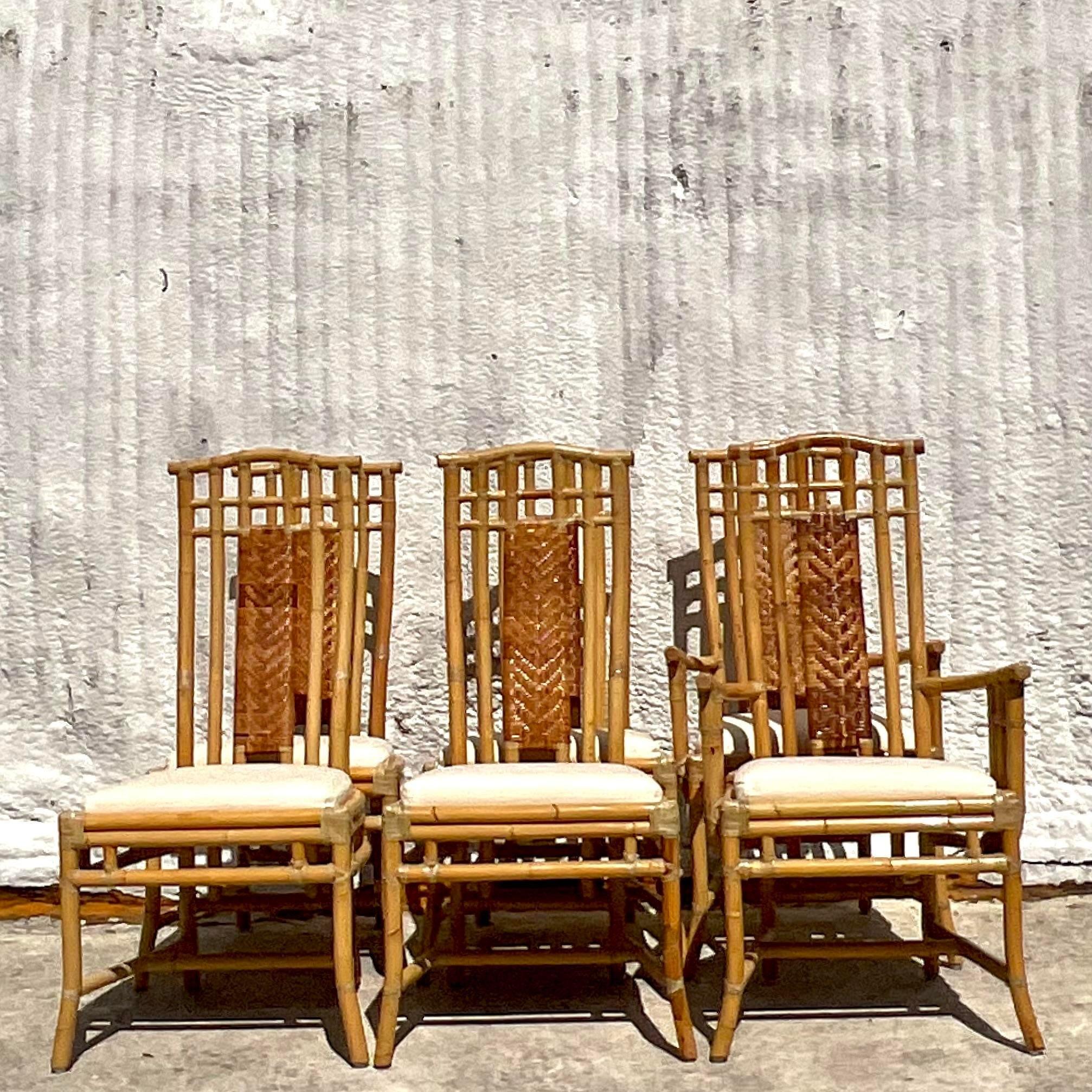 Upholstery Vintage Coastal High Back Woven Rattan Chairs - Set of 6 For Sale