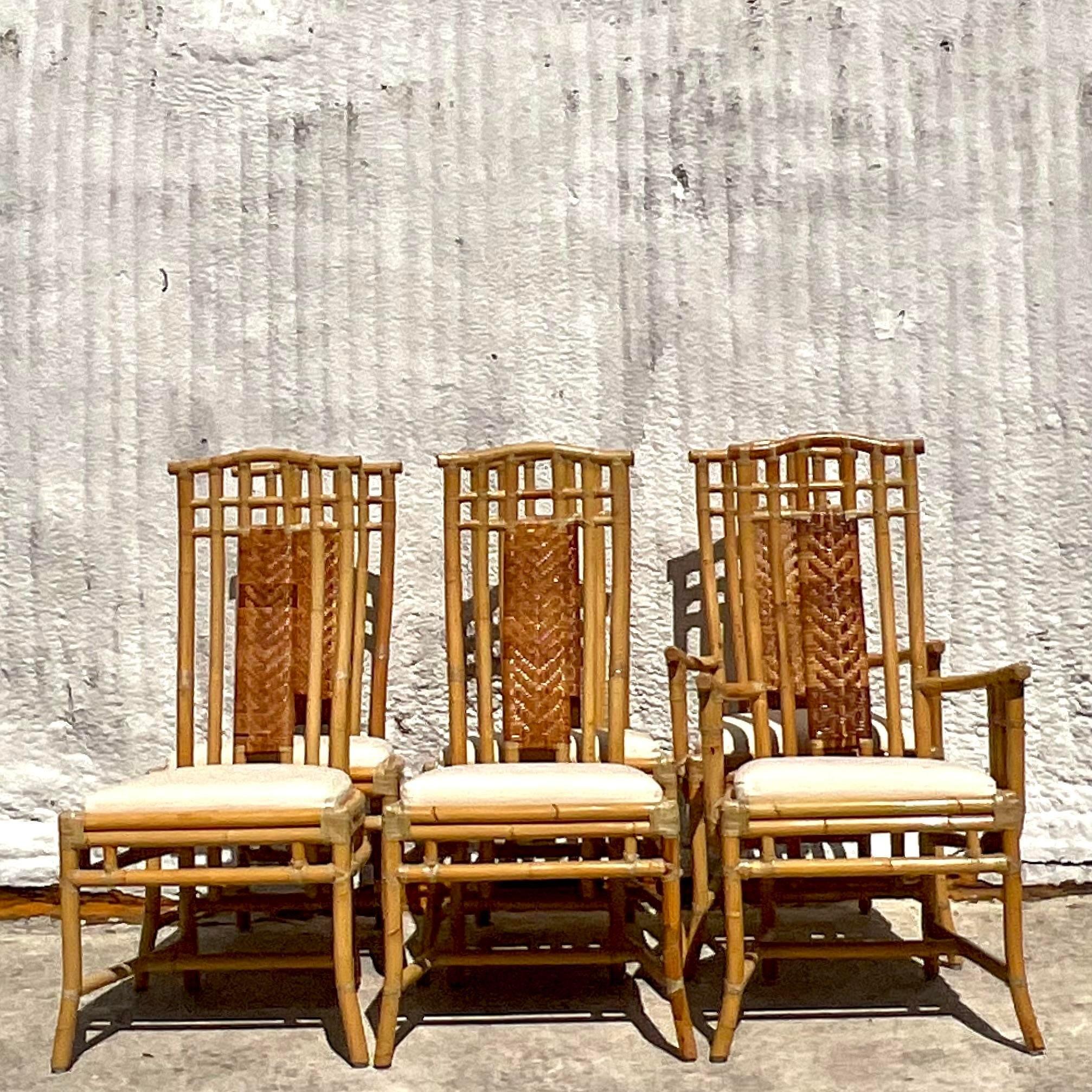Vintage Coastal hohe Rückenlehne geflochtene Rattan Stühle - Set von 6 im Zustand „Gut“ im Angebot in west palm beach, FL
