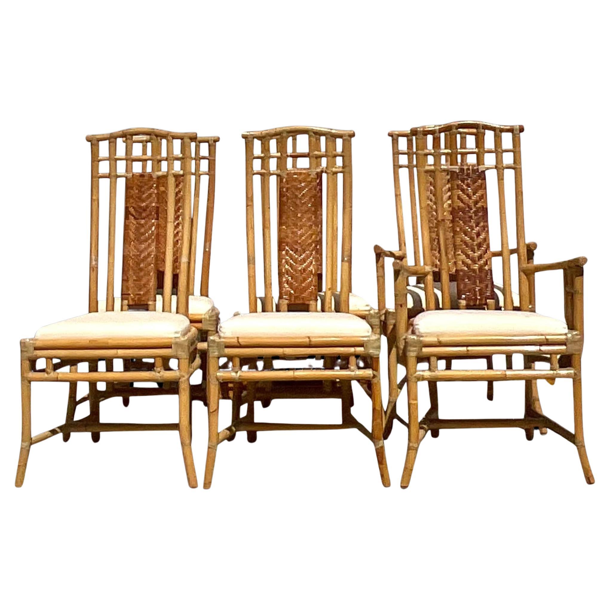 Vintage Coastal High Back Woven Rattan Chairs - Set of 6 For Sale