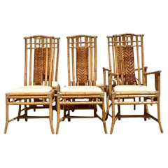 Vintage Coastal High Back Woven Rattan Chairs - Set of 6