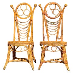 Vintage Coastal High Barack Rattan Side Chairs, a Pair