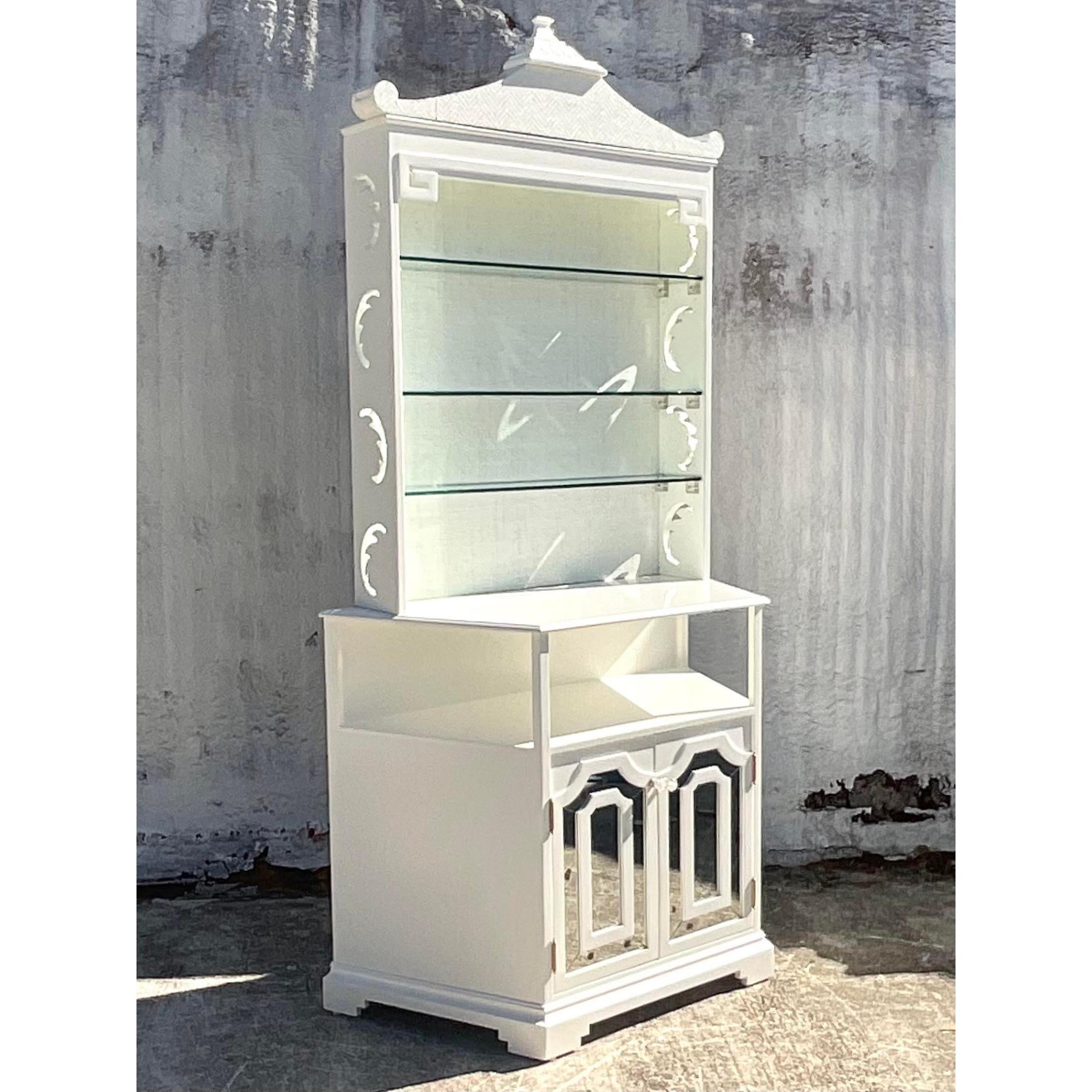 Glass Vintage Coastal High Gloss White Pagoda Dry Bar For Sale