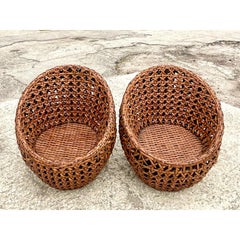 Vintage Coastal Honeycomb Rattan Pod Chairs - a Pair