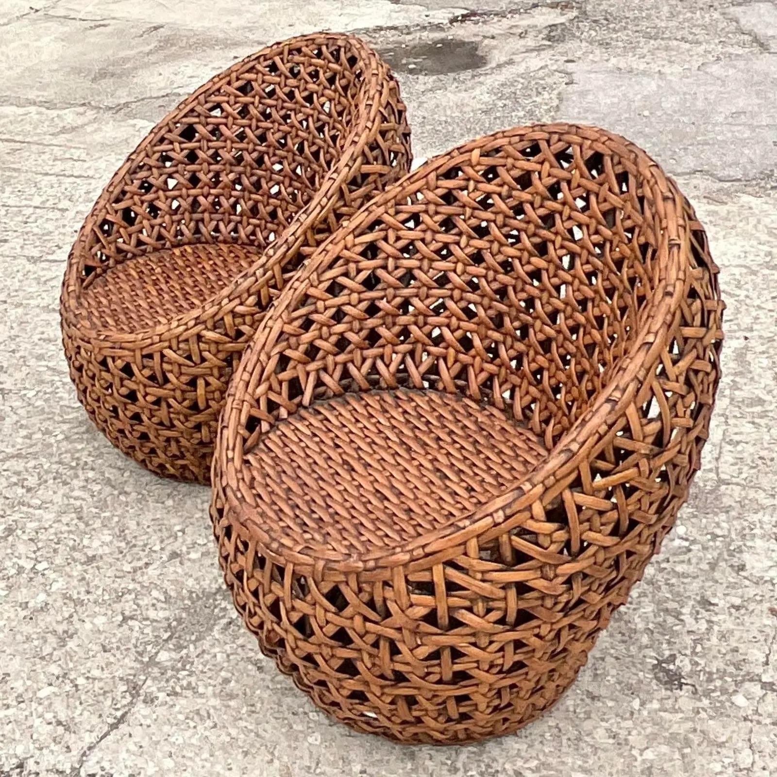 Philippine Vintage Coastal Honeycomb Rattan Pod Chairs - a Pair