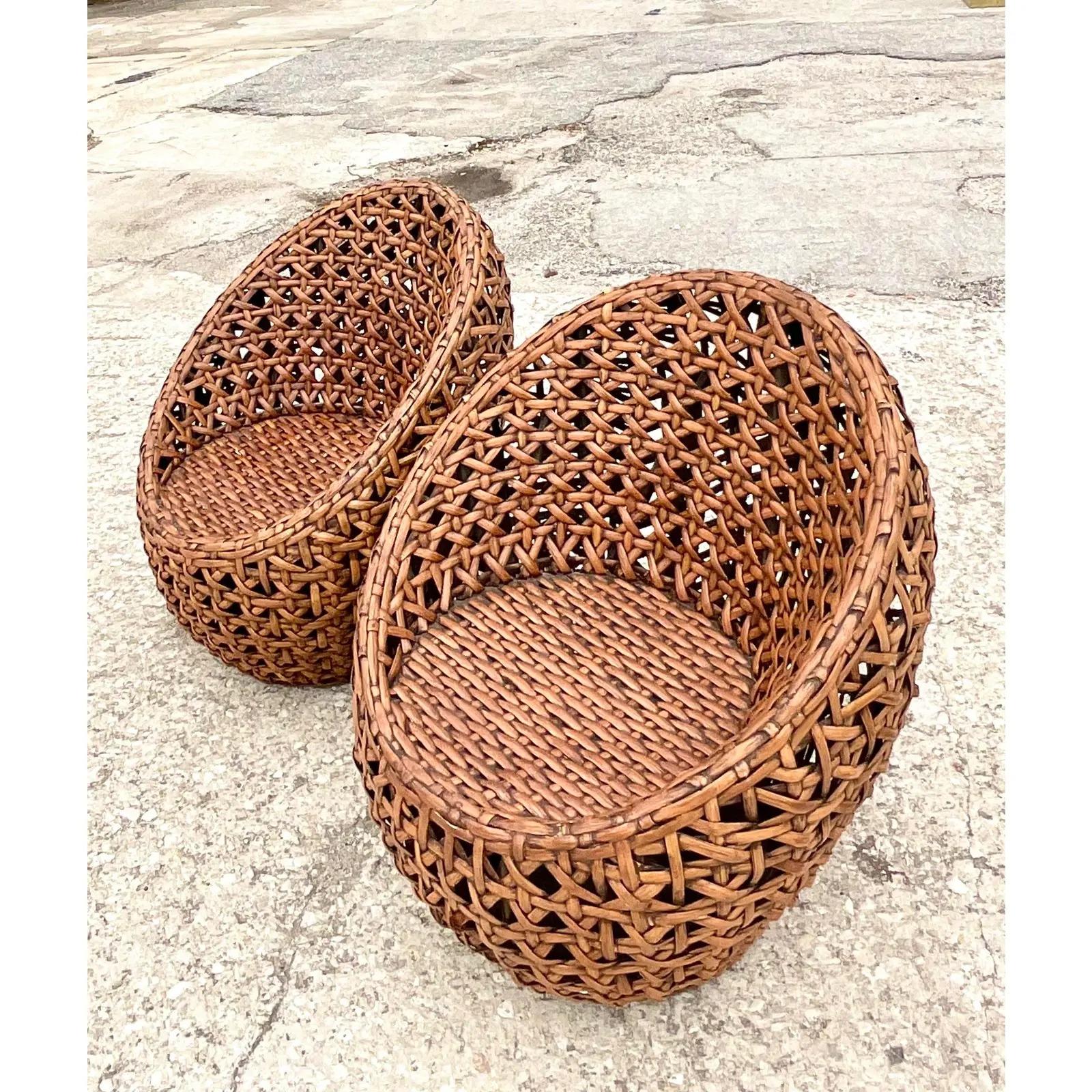20th Century Vintage Coastal Honeycomb Rattan Pod Chairs - a Pair
