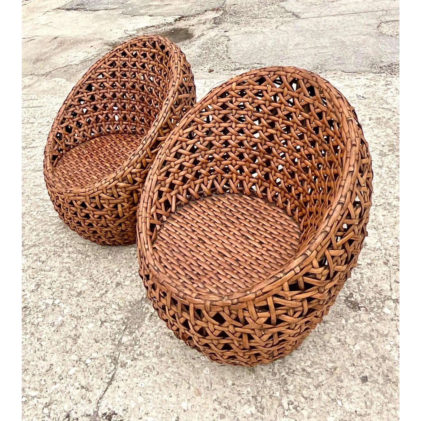 Vintage Coastal Honeycomb Rattan Pod Chairs - a Pair 1