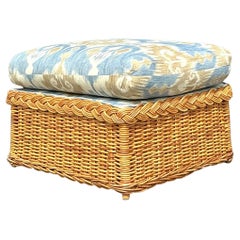 Vintage Coastal Ikat Braided Rattan Ottoman
