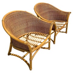 Vintage Coastal Italian 60's Woven Rattan Lounge Chairs, a Pair